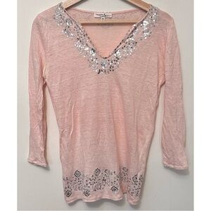 Moon & Meadow • XS • Peachy Pink Linen 3/4 Sleeve Sequin Embellished Tunic Top
